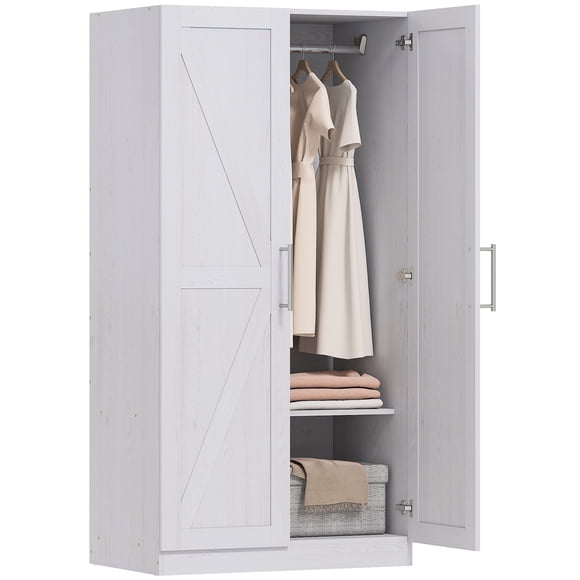 HOMCOM Armoire Wardrobe Closet with 2 Barn Doors Wardrobe Cabinet White