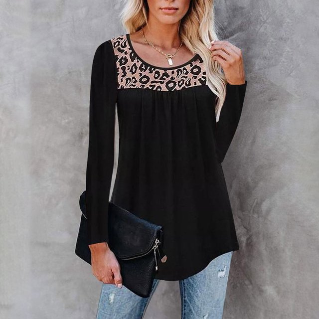 Hauts Grande Taille Mode Femmes Décontracté Ample Imprimé Leapard Irrégulier Col Rond T-Shirts Hauts Chemise en Solde