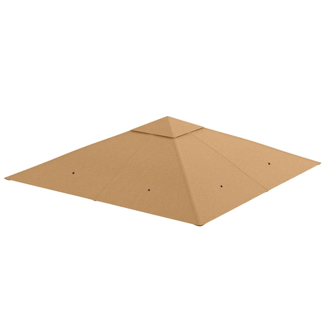 Outsunny 10' x 10' Square Gazebo Canopy Replacement UV Protected Top Cover Sun Shade in beige. Made of durable polyester fabric with PA coating, it offers UV protection and weather resistance. Features a ventilated top for air circulation, 8 built-in drainage holes, and hook-and-loop fasteners for easy installation. Designed to fit 9.8' x 9.7' gazebo frames.