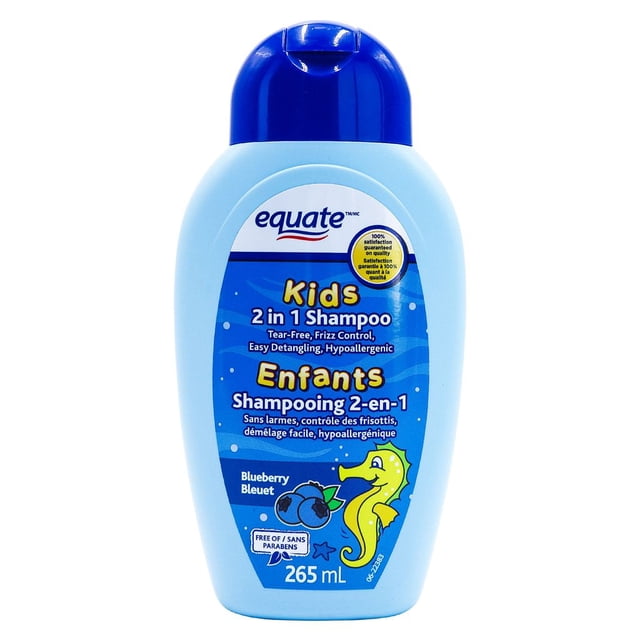 Equate Kids 2 in 1 Blueberry Shampoo & Conditioner, 265 ml, light blue plastic bottle with dark blue flip cap, labeled with tear-free, frizz control, easy detangling, and hypoallergenic formula. The front label features blueberry scent and a yellow seahorse illustration, ideal for gentle daily hair care.