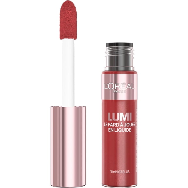 L'Oreal Paris Lumi le Fard à Joues Liquide, 10 ml, en tube Rouge Transparent avec Embout Métallique Or rose et Applicateur Pied-de-Biche Enduit de Fard à Joues Liquide Rouge, Offrant une Formule Légère et Modulable pour une Couleur Éclatante des Joues, Convenant à Tous les types de Peau.