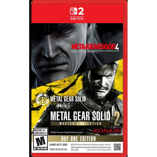 Metal Gear Solid: Master Collection: Vol 2 Nintendo Switch game cover featuring the title in white and gold text on a black and yellow background with tactical espionage imagery including helicopters and a soldier, labeled Day One Edition by Konami with ESRB Mature 17+ rating and 40 GB full game download key card details.