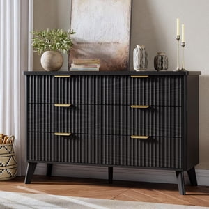 Dressing Fluted pour Chambre avec 6 Des tiroirs profonds, 47.2 dans large coffre moderne de tiroirs, commode en bois TV Stand, Conception de profil courbé, pour le salon, Chambre pour enfants, Hallway, Noir