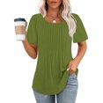 thumbnail image 2 of Penkiiy T-Shirts pour Femmes à Manches Courtes Plissés Chic Décontracté Col Rond Hauts d'Été Chemisiers L Vert Armée, 2 of 8