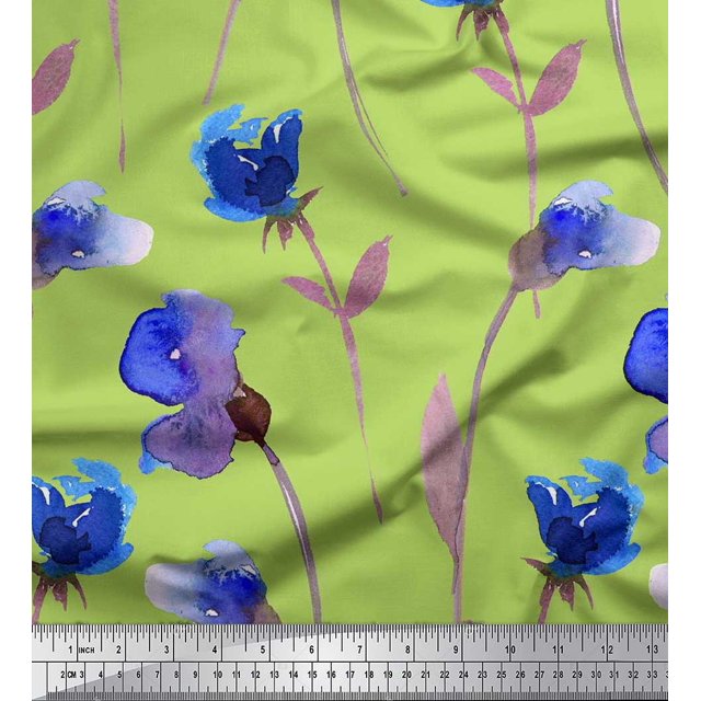 Soimoi Green Rayon Fabric Leaves,Purple & Blue Floral Print Sewing Fabric BTY 42 Inch Wide