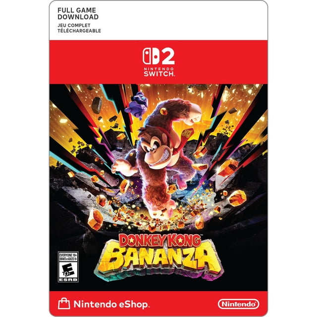 DONKEY KONG BANANZA Nintendo Switch 2 Couverture de Téléchargement Numérique Mettant en Vedette DONKEY KONG Frappant un terrain Rocheux avec des Faisceaux d'Énergie Jaunes et orange Dynamiques, Mettant en Valeur l'Action et l'Exploration du Jeu sur l'Eshop Nintendo.