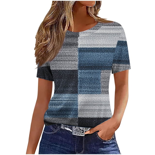 Pisexur Hauts pour Femmes, Hauts de Printemps pour Femmes 2025, Hauts pour Dames, T-shirt Imprimé Décontracté et Tendance pour Femmes avec Col Rond et Manches Courtes Bleu Marine, 3TG