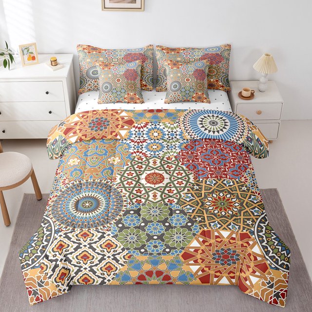 YST Patchwork Flowers Twin Bedding Set 7 Piece Moroccan Style Floral Bed In A Bag With Sheet Set Pillow Cover For Adults Colorful Bohemian Exotic Comforter Set Reversible Bed Set