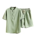 thumbnail image 1 of Two Piece Pants Sets Mens Two Piece Solid Cotton Linen Short Sleeve V Neck Tops and Shorts Set, 1 of 6