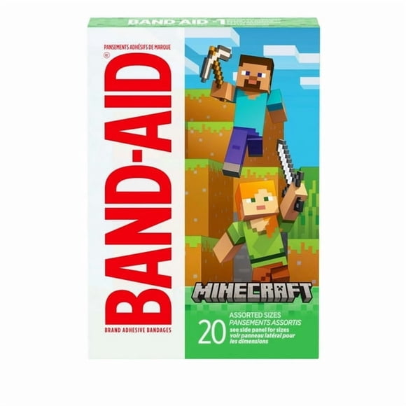 Band-Aid Brand Adhesive Bandages for Minor Cuts & Scrapes, Wound Care Featuring Minecraft Designs, Fun Bandages for Kids and Toddlers, Assorted Sizes, 20 count