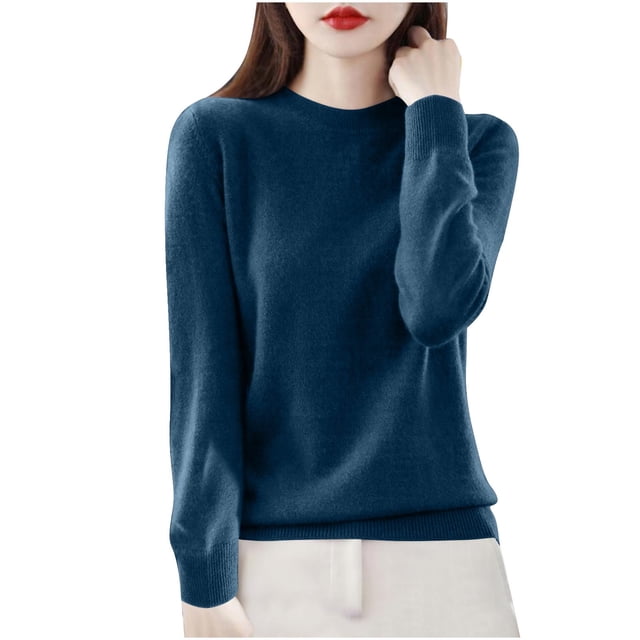 Moxiu Chandail en Tricot pour Femmes 2025 Automne Confort Décontracté Manches Longues Ample Col Rond Couleur Unie Chandail en Tricot de Base Chandails Hauts Bleu Foncé,TTG