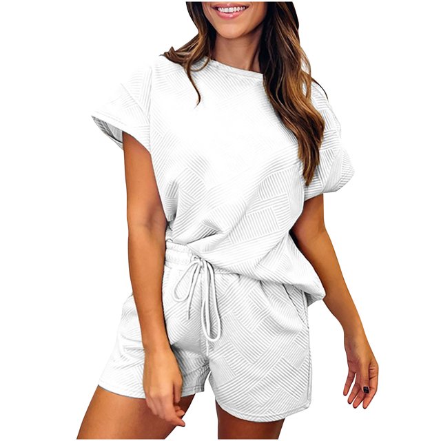 Mikilon Ensemble de Sport Confortable pour Femmes Couleur Unie Nouvelle Mode Décontractée Haut à Manches Longues et Shorts Ensemble de Haut/chemise à Col Rond Blanc m