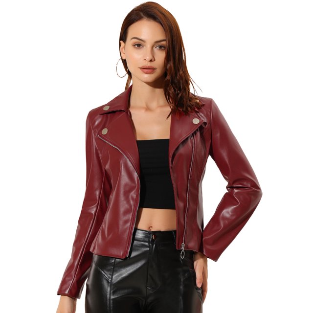INSPIRE CHIC Veste en Cuir PU pour Femme à Fermeture Éclair devant, Col à Revers, Rouge G
