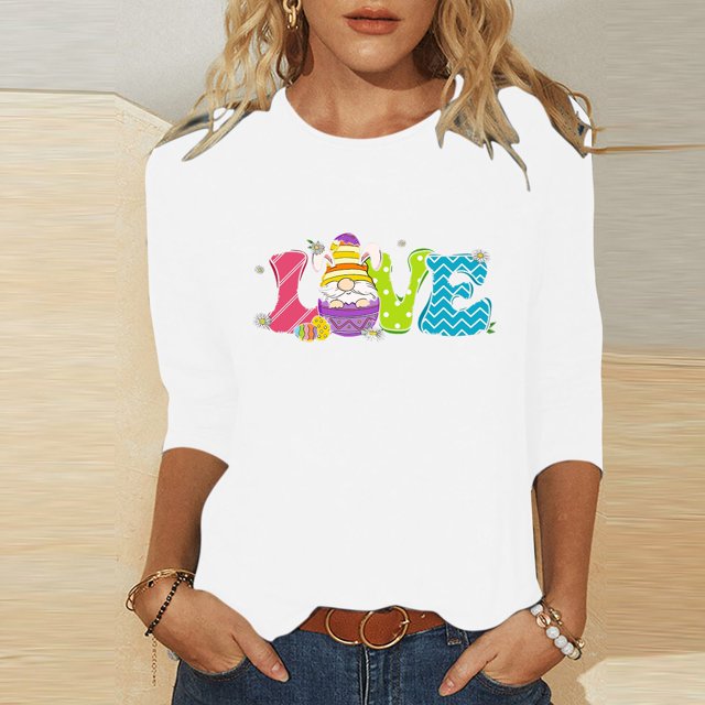 Xihbxyly Hauts Décontractés pour Femmes T-shirt à Col Rond Imprimé de Pâques à Manches 3/4 T-shirt à Col Rond Chandail à Enfiler Tendance à Petit Budget