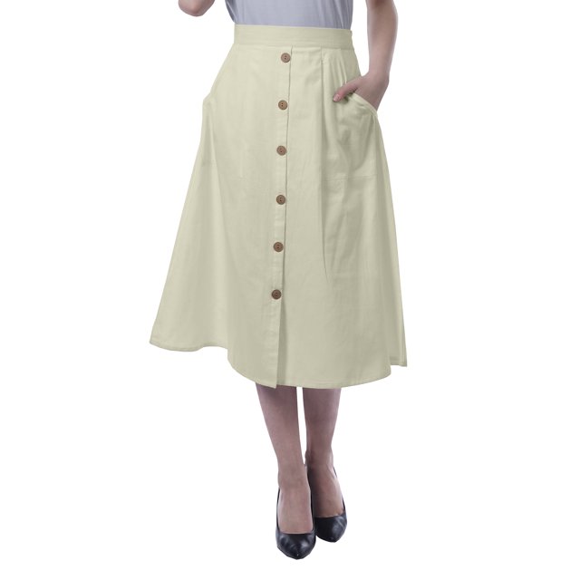 Moomaya Womens Below Knee Length A-Line Skirt Front Button Casual Skirt w/ Pockets