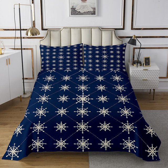 Erosebridal Ocean Ship Wheel Coverlet Set Twin, a toddler bedding set with a vintage nautical design featuring ship wheel patterns on a navy blue background. Includes a bedspread measuring 68x90 inches and a decorative pillowcase measuring 30x20 inches. Ideal for toddler room decor, combining bold stripes and maritime aesthetics for a calming and stylish look.