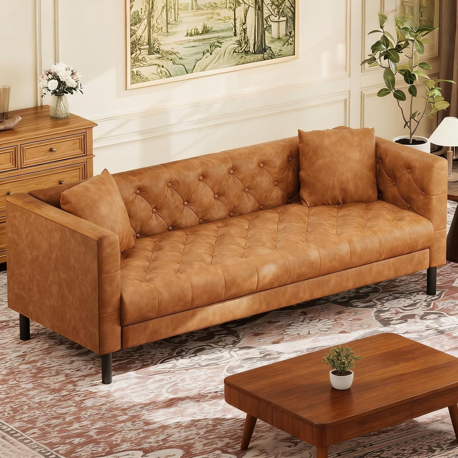 81" Leather Sofa, Button-Tufted 3 Seater Sofa, Mid-Century Modern Leather Couch with Deep Seat, Chesterfield Sofa for Living Room, Apartment, Office, Cognac Tan