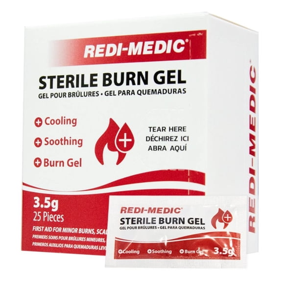 Redi-Medic Box of 25 Burn Gel Travel Packets (3.5g), Cooling, Soothing, Healing Burn Gel for Sunburn, Scalds, Emergencies. Soothes & Cools