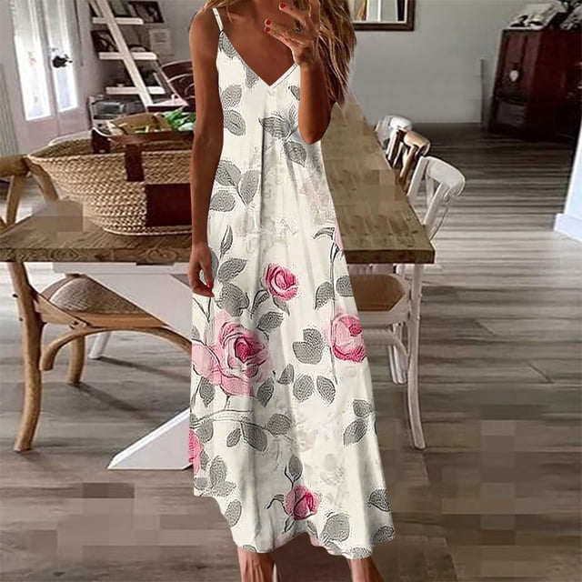 Ovzne Robes pour Femmes Robe Femme Femmes Été Décontractée Plissée Imprimée Camis Sans Manches à Col en V Robe Femmes Robe Imprimée Liquidation