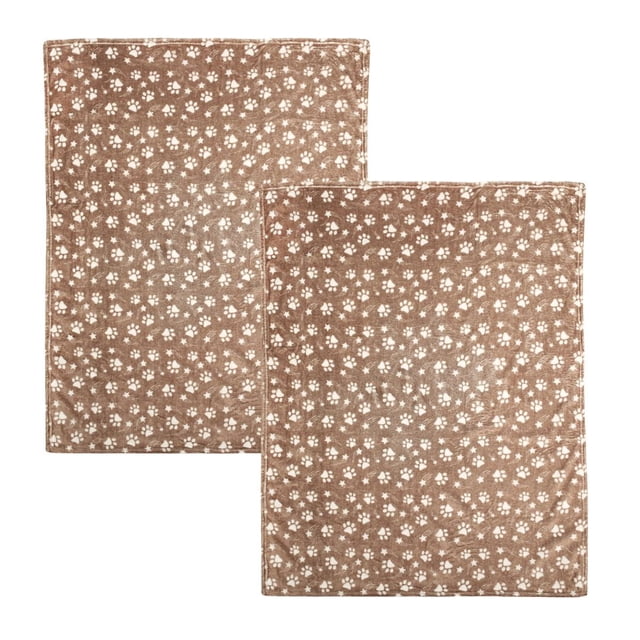 2-Pack Dog Blankets, each 36 by 45 inches, soft brown flannel with white paw prints, designed for medium to large pets to rest comfortably on furniture or in cars, machine washable for easy care.