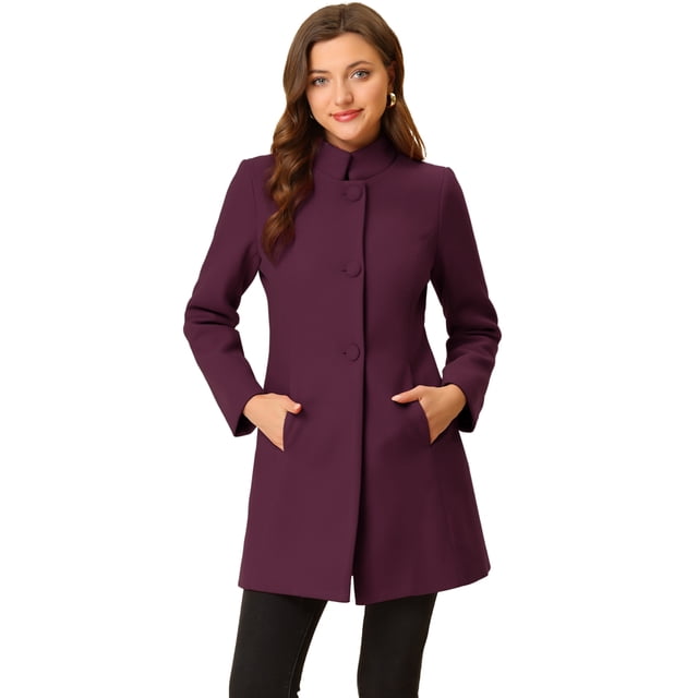 INSPIRE CHIC Women's Winter Overcoat Stand Collar Single Breasted Mid-thigh Long Coat Purplish Red XL