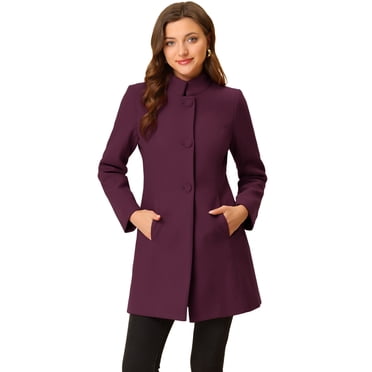 INSPIRE CHIC Manteau d'Hiver pour Femme à Col Montant, à Simple Boutonnage, Long Mi-Cuisse, Rouge Violacé, S