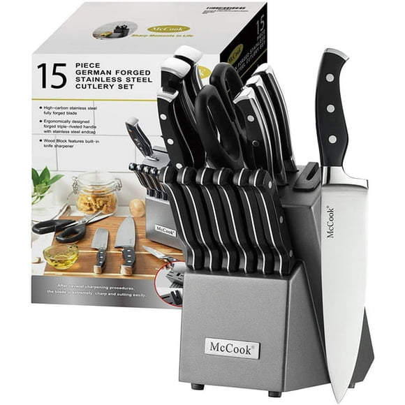 McCook MC25A Ensembles de Couteaux, Ensemble de 15 Pcs en Acier Inoxydable Allemand avec Bloc de Couteaux de Cuisine et Aiguiseur Intégré
