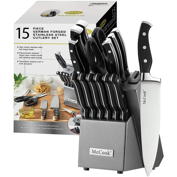 McCook MC25A Knife Sets,15 Pieces German Stainless Steel Kitchen Knife Block Set with Built-in Sharpener