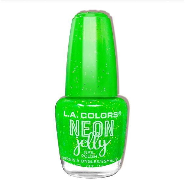 Vernis à Ongles Jelly Neon - Lime Électrique par L.A. COLORS, Bouteille de 13 ml Présentant une Formule Vert Vif Semblable à la Gelée avec une Finition Fluorescente Pailletée, Parfait pour des Soins des Ongles Vibrants et un Nail art Créatif.