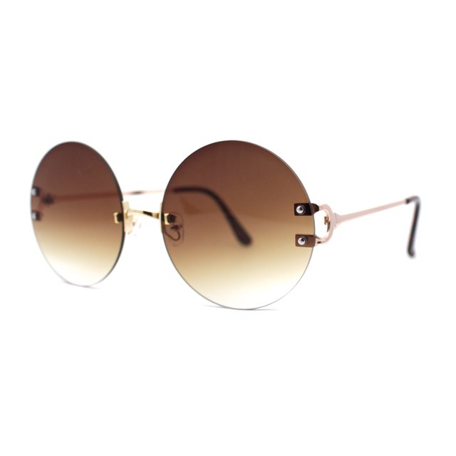 Luxury Designer Style Rimless Hippie Round Circle Lens Sunglasses Gold Brown