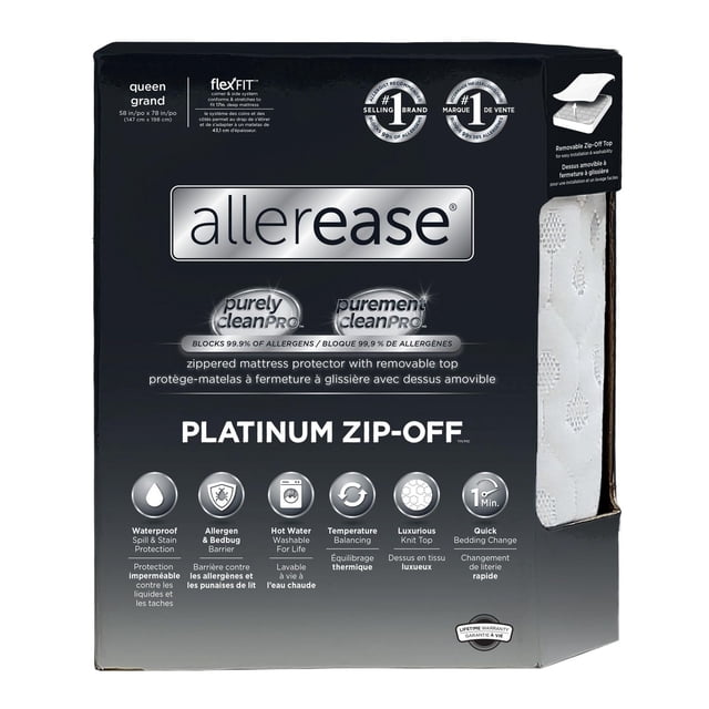 AllerEase Platinum Mattress Cover Protector, Queen - ZipOff Top, Waterproof, Allergen