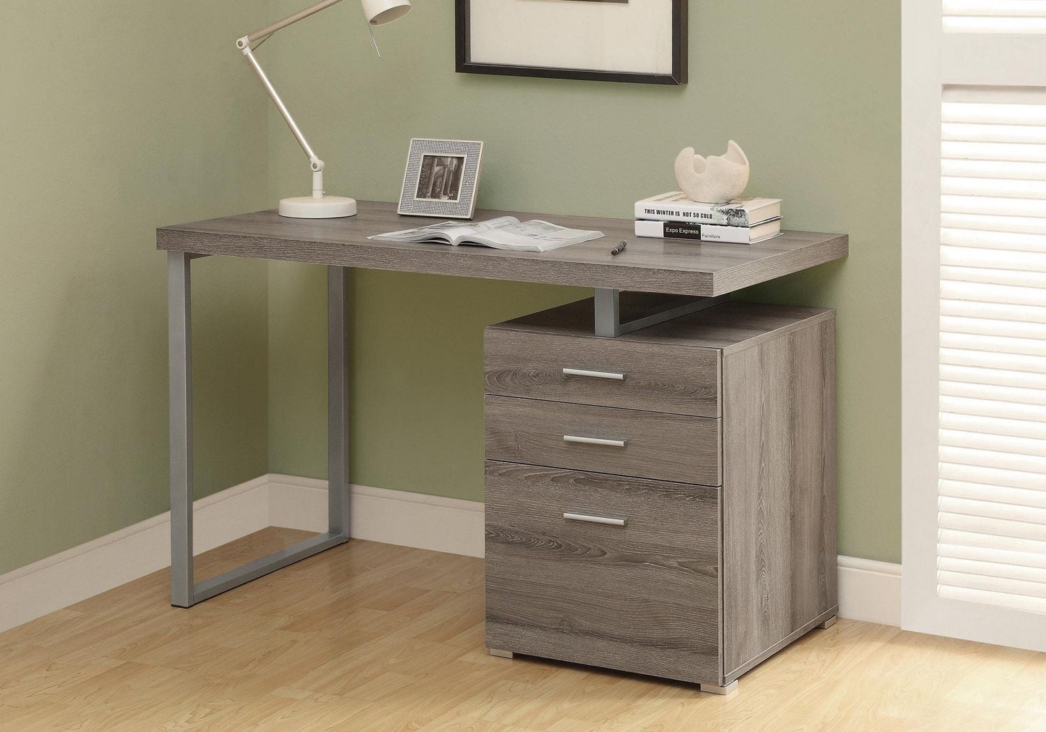 Monarch Specialties Computer Desk, Home Office, Laptop, Left, Right Set-up, Storage Drawers, 48"l, Work, Metal, Laminate, Brown, Grey, Contemporary, Modern
