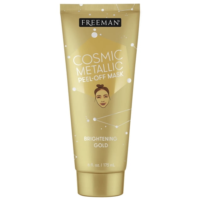 Freeman Cosmic Masque Pelable Métallique Illuminateur Doré en tube de 6 fl oz (175 ml) d'Or Métallique avec Motif de Points Cosmiques Blancs et de Lignes, Mettant en Vedette le logo Freeman et le Nom du Produit, Masque facial Pelable Infusé d'Extrait de Pamplemousse pour Illuminer et Renouveler la Peau, Convient à Tous les types de Peau.