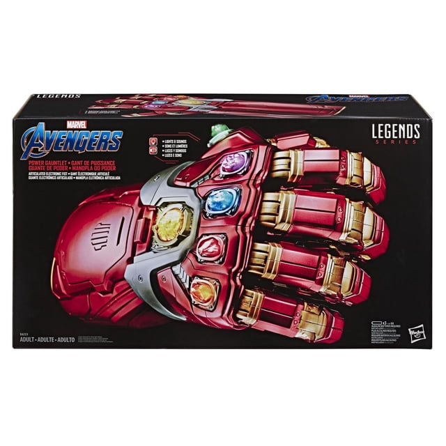 Marvel Legends Series Avengers: Endgame Power Gauntlet Articulated Electronic Fist on black packaging, showing a red and gold articulated glove with six glowing Infinity Stones, electronic lights and sounds, designed for adult Marvel Cinematic Universe fans and collectors.