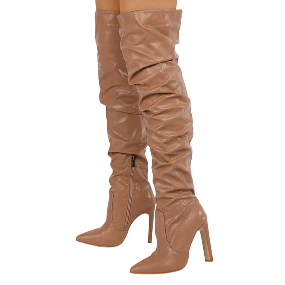 Slouchy Thigh High Boots for Women Sexy Leather Pointed Toe Pumps Heels Over The Knee Tall Boots with Zipper Brown