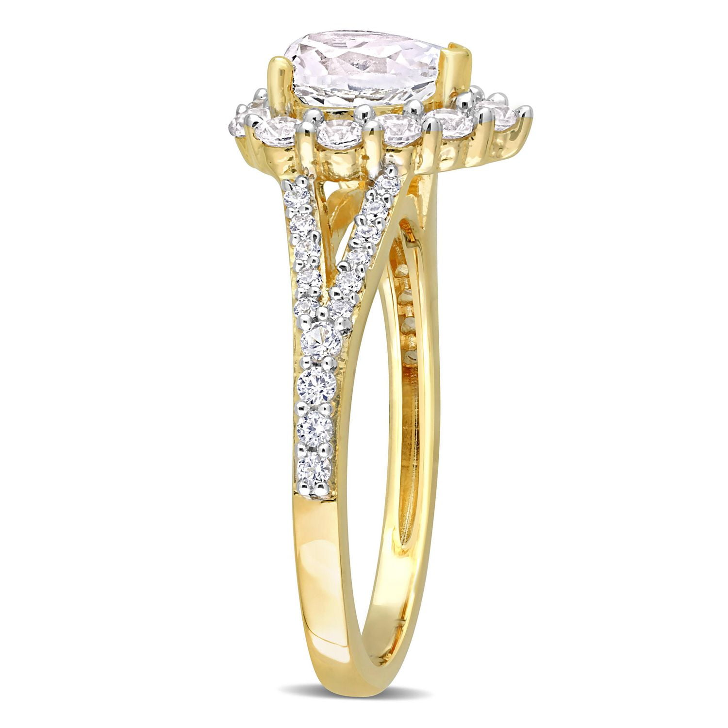 Bague de fiançailles auréole en forme coeur de Miabella avec 2-2/5 carat PBT de Saphir blanc synthétique en argent sterling plaqué jaune