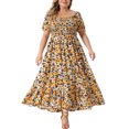 thumbnail image 1 of GRACE & GRANDEUR Robe Maxi Bohème à Fleurs pour Femme Grande Taille, Manches Courtes, Encolure Carrée, Smockée, 2X Jaune, 1 of 6