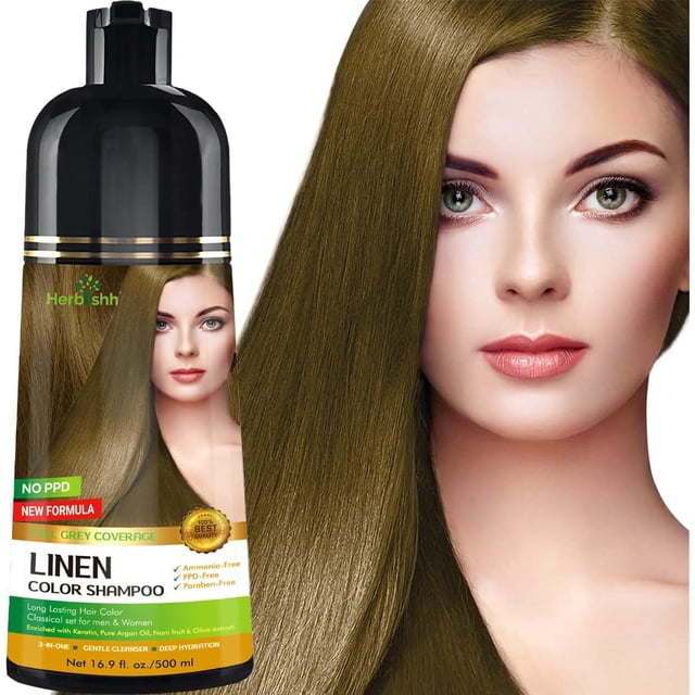 Herbishh Shampoing Colorant pour Cheveux Gris, Permanent, Hommes et Femmes (Lin 500 ml) Exposé avec Sa Bouteille avec un Bouchon Noir et une Étiquette Vibrante. Ce Shampoing 3-en-1 Nettoie, Revitalise et Colore les Cheveux, Offrant des Résultats de Qualité Salon à la Maison. Enrichi d'Huile d'Argan, d'Huile d'Olive et d'Autres Ingrédients Naturels, Il Offre une Couverture des Cheveux Gris Sans Ammoniaque et Sans Parabènes. une Mèche de Cheveux Couleur Lin Est Montrée pour