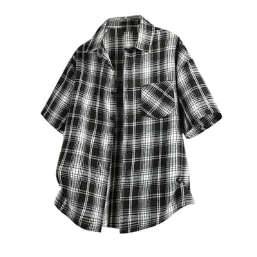 hotojiny Chemise à Carreaux pour Hommes Grande Taille Boutonnée à Manches Courtes Haut Mode Urbaine Été Vacances Chemises Décontractées avec Poche