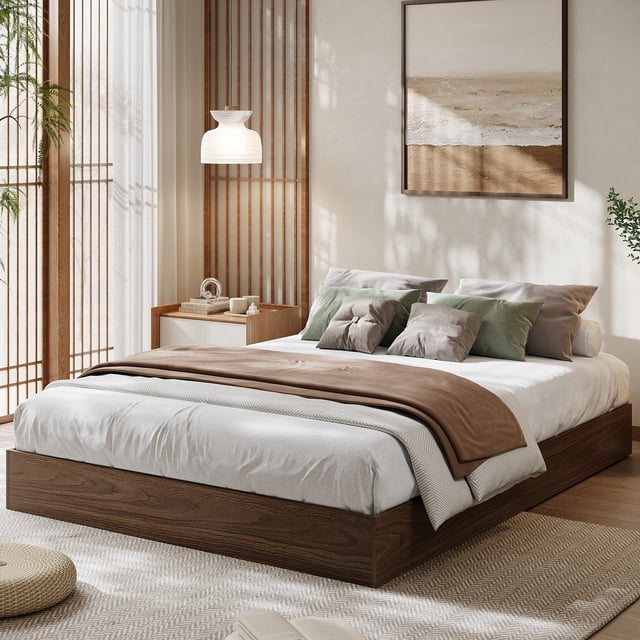Modern Floor-Standing Platform Bed Frame, Wooden Bed Frame Without Headboard, Solid Wood Slat Foundation, No Box Spring Needed, Easy Assembly, for Bedroom, Dorm, Small Spaces