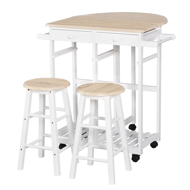 HOMCOM Ensemble de Chariot de Cuisine 3 Pcs avec une table de Déjeuner à Abattant et Deux Tabourets Ronds. la table Présente un Cadre en MDF Blanc et un Dessus Pliable en Bois de Pin, Offrant une Flexibilité pour la Salle à Manger Ou le bar. les Tabourets Ont des Cadres Blancs et des Sièges Couleur Bois, Conçus pour Se Ranger Soigneusement sous la table pour Économiser l'Espace. Équipé de Roues pour une Mobilité Facile, Cet Ensemble Est Idéal pour les Cuisines, les Salles à Manger Ou comme Mobilier de bar.
