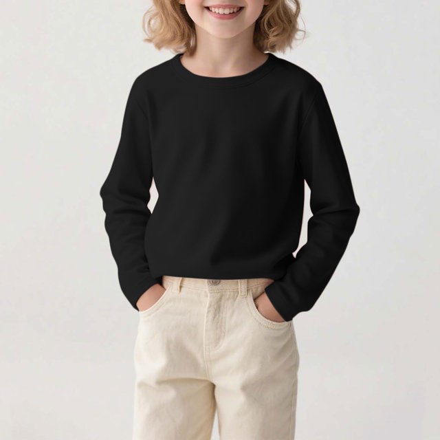 Kids' Solid Color Long Sleeve Round Neck Top - Comfortable Polyester Spandex Blend for Daily Wear, Travel, and Parties