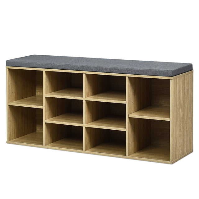 Gymax Entryway Padded Shoe Storage Bench 10-Cube Organizer Bench Adjustable Nature