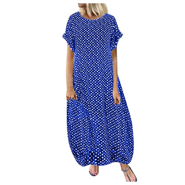 Kcodviy Robe Maxi Décontractée à Pois pour Femme Longueur Petite Imprimé Manches Courtes Col Rond Robe à Col Montant Robe Maxi