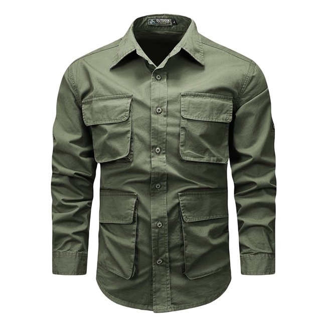 RXIRUCGD Chemises pour Hommes Décontractées Unies à Col Rabattu, Multiples Poches, Boutons, Cardigan à Manches Longues, Vert Armée, Taille : 5TG