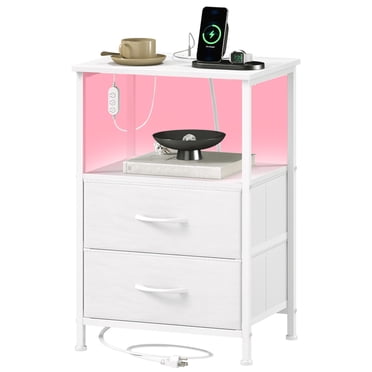 Eunos 2 Drawer White Small Nightstand with Charging Station, LED and Open Shelf for Bedroom