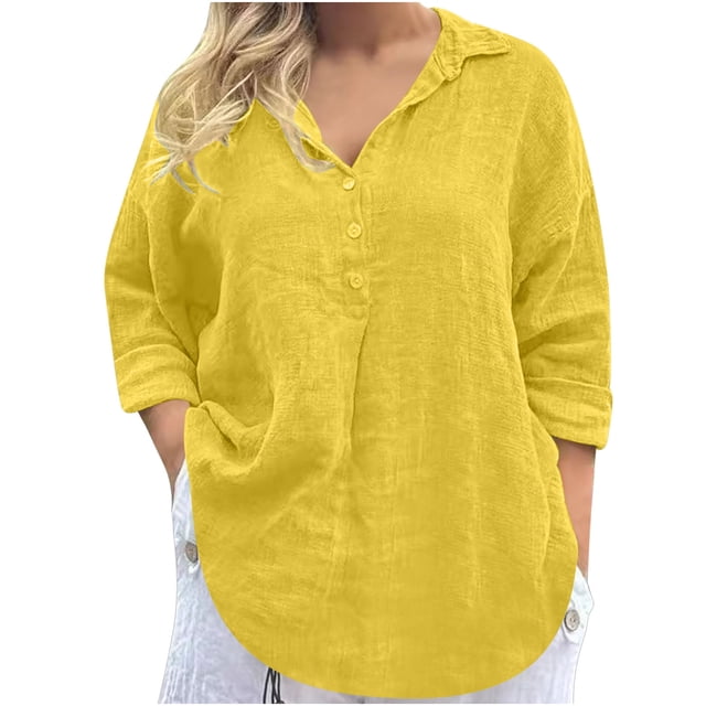 Timegard Blouses for Women Lightweight Lapel Neck Button Drop Shoulder Loose Tee Shirts Tops Solid Color