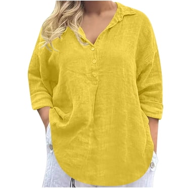 Timegard Women Long Sleeve Tops Button Lapel V Neck Casual T Shirts Solid Color Comfy Trendy Shirts