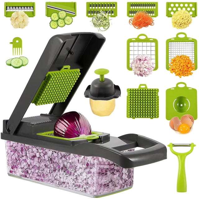 Pro Vegetable Chopper with Container and 7 Sharp Blades, a versatile food chopper with a transparent container and green interchangeable blades for slicing, dicing, and shredding vegetables. Includes a peeler, egg separator, and cleaning tool, ideal for efficient kitchen prep tasks.