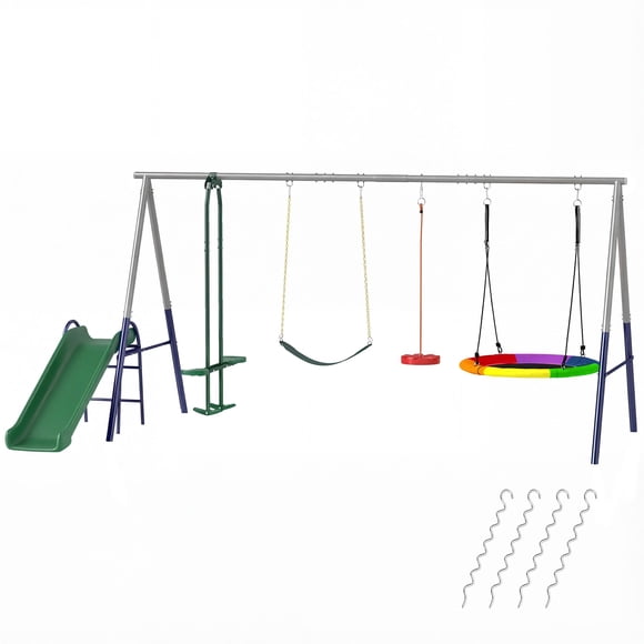 Qaba 5-in-1 Outdoor Playset with Slide, Saucer & Belt Swings, Glider, Steel A-Frame, 770lbs Capacity, Multicolour Backyard Gym Set for Ages 3-8, 150.4" L x 77.2" W x 79.9" H